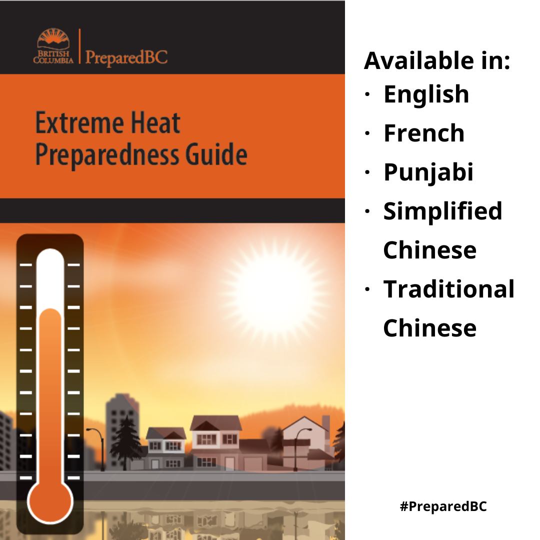 PreparedBC (@preparedbc) on Twitter photo Unseasonably hot weather is forecast across the BC interior this week. Read our guide to learn what to do before, during & after heat events. 
It’s available in: 
🌡️English
🌡️French
🌡️Punjabi
🌡️Simplified Chinese
🌡️Traditional Chinese
Find them here: preparedbc.ca/extremeheat Unseasonably hot weather is forecast across the BC interior this week. Read our guide to learn what to do before, during & after heat events. 
It’s available in: 
🌡️English
🌡️French
🌡️Punjabi
🌡️Simplified Chinese
🌡️Traditional Chinese
Find them here: preparedbc.ca/extremeheat