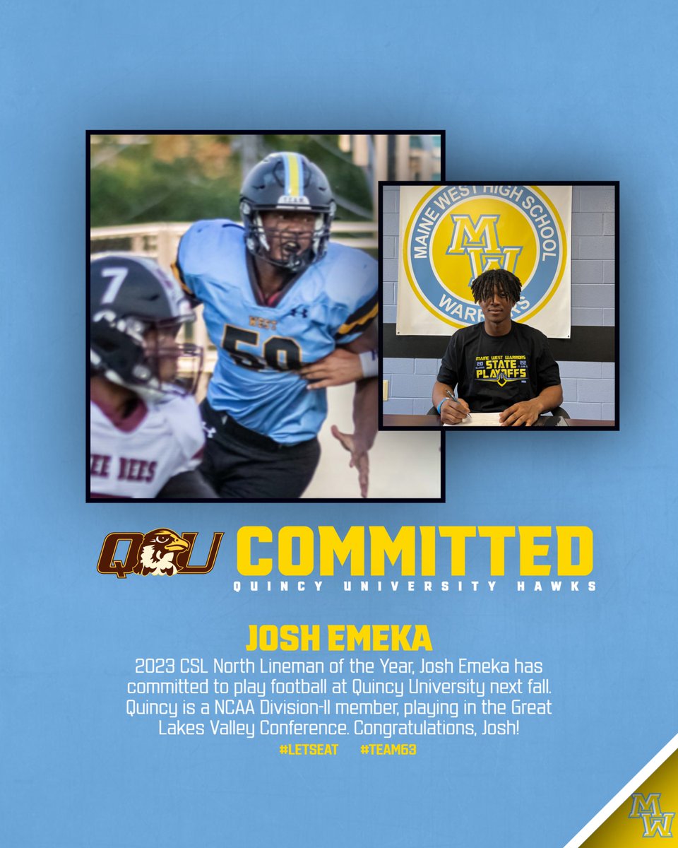 Congratulations to <a href="/jemeka2005/">Joshua Emeka</a> who is committed to play football at Quincy University next fall! Your Warrior Family looks forward to watching you at the next level! <a href="/mwwarriors/">MW Athletics</a>