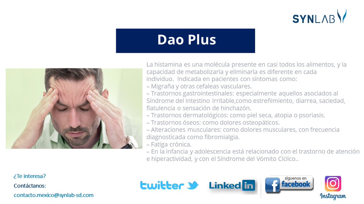 El análisis DAOPlus evalúa la actividad de la enzima DAO en sangre. Es útil para evaluar una posible causa de la migraña. fatiga crónica, trastornos gastrointestinales entre otros padecimientos.