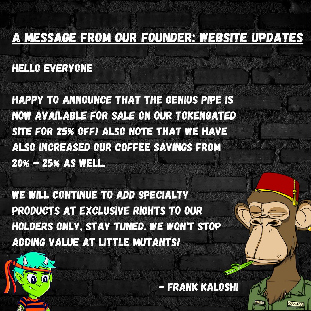 littlemutantnft's tweet photo. 🚨IMPORTANT UPDATE🚨

Here's an update from our founder @FrankKaloshi regarding our tokengated site‼️🧪☕️

"We won't stop adding value at Little Mutants!"📈❤️

#letsmutate #littlemutants #NFTCommunity https://t.co/5UCe2ZfTlt