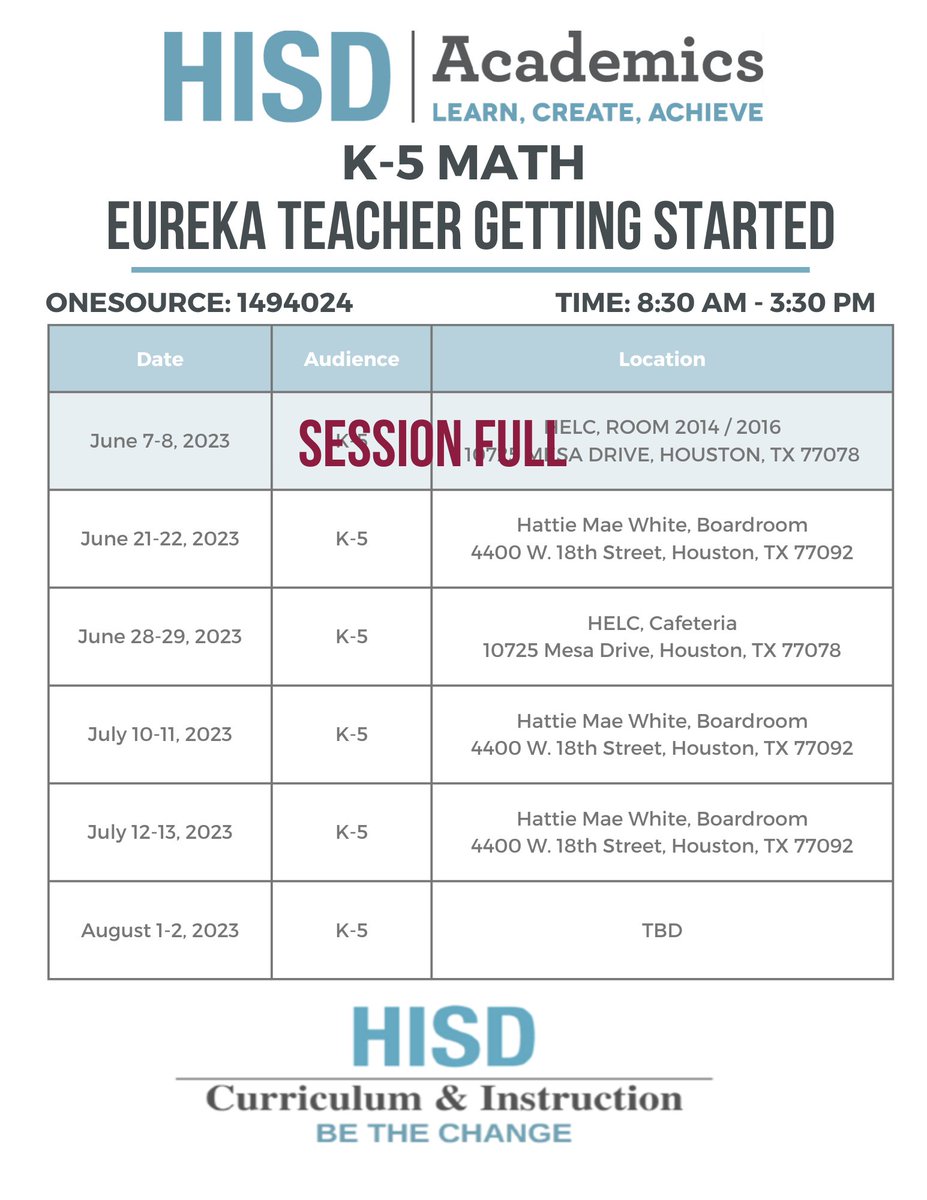 HISD_ElemMath's tweet photo. 📣 ATTN:
@HoustonISD Math Teachers... see upcoming session opportunities to join us for Getting Started with Eureka.   Register today! @nperez10 @Keniholley @amakhlo1 https://t.co/dUn04Ub71e