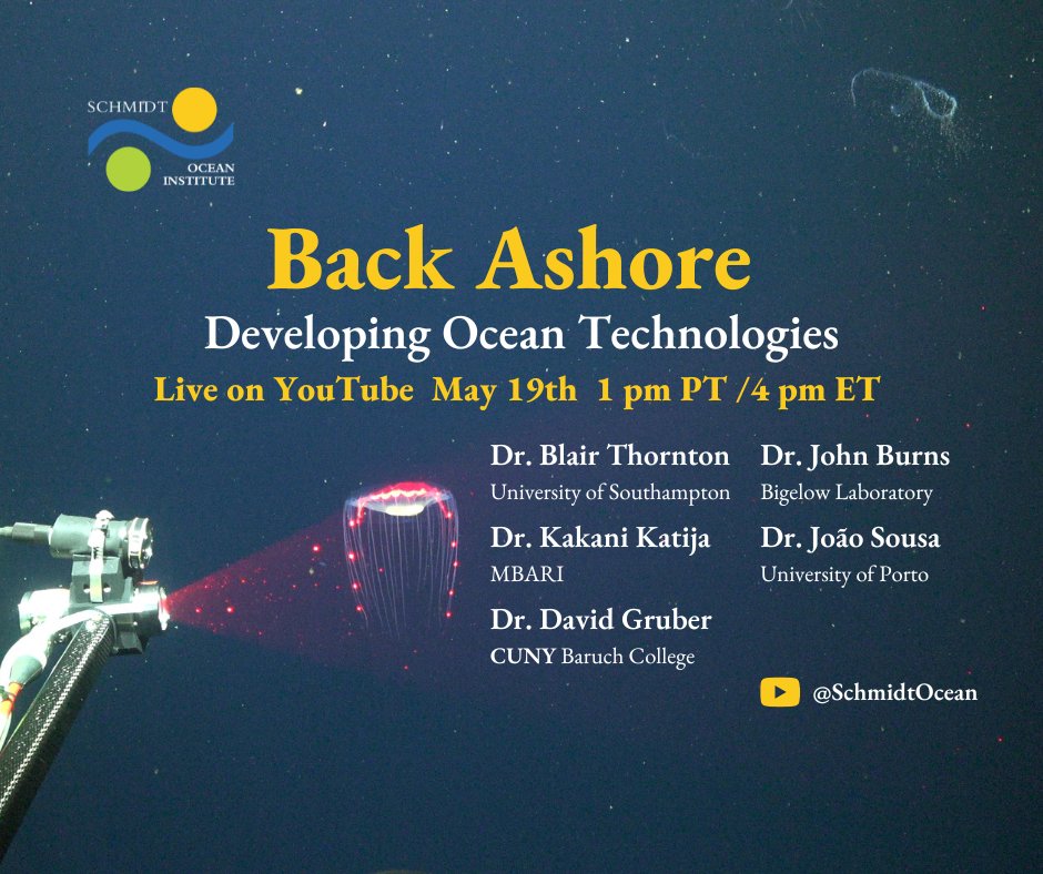 SchmidtOcean's tweet photo. Mark those calendars! The next installment of #BackAshore is coming to you live on our YouTube channel this Friday, May 19 at 1 PM PDT/4 PM EDT.
https://t.co/Pb4yzURbcO
A panel of distinguished researchers will discuss developing ocean technologies and we're all ears π§βπ¬π https://t.co/F5knDRSojQ