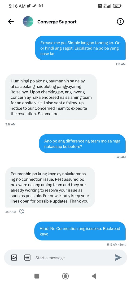 NelRossdeLeon's tweet photo. @Converge_CSU hindi kayo sumasagot ng kahit na anong detalye, and ewan ko san niyo hinugot yung No Connection. Nakakapagod ang Customer Service niyo. At no point may nagtanong kelan nagstart, ongoing pa rin po ba yung issue. Parang copy/paste lang responses. https://t.co/qXstNHwLum