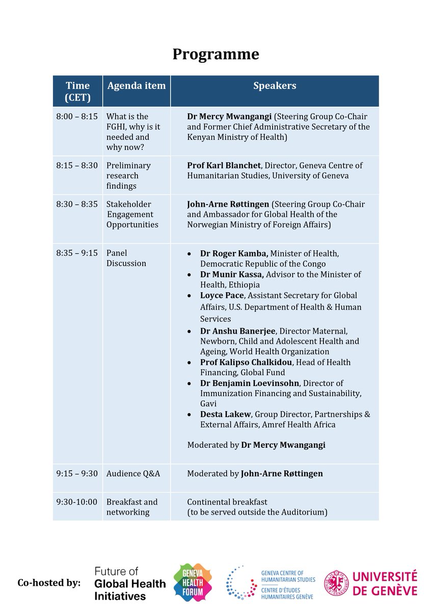 Only 2 more days left to register for the WHA side-event breakfast 'Reimagining the Future of Global Health Initiatives: what are the incentives for change?' Updated programme below👇🙂🌎 <a href="/Genevaforum/">Geneva Health Forum</a> <a href="/Hum_StudiesGVA/">Geneva Centre of Humanitarian Studies</a>  <a href="/unige_en/">UNIGE_en</a> …aginingthefutureofGHIs.eventbrite.com
