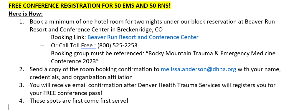 ColoradoTrauma's tweet photo. With less than a month before Denver Health’s 49th Annual Rocky Mountain Trauma and Emergency Medicine Conference June 5-8, the planning committee is proud to announce we are able to offer FREE registration for 50 EMS personal and 50 RNs #Trauma #EMS #RN #FREE #COLORODO https://t.co/uFufm33XzZ