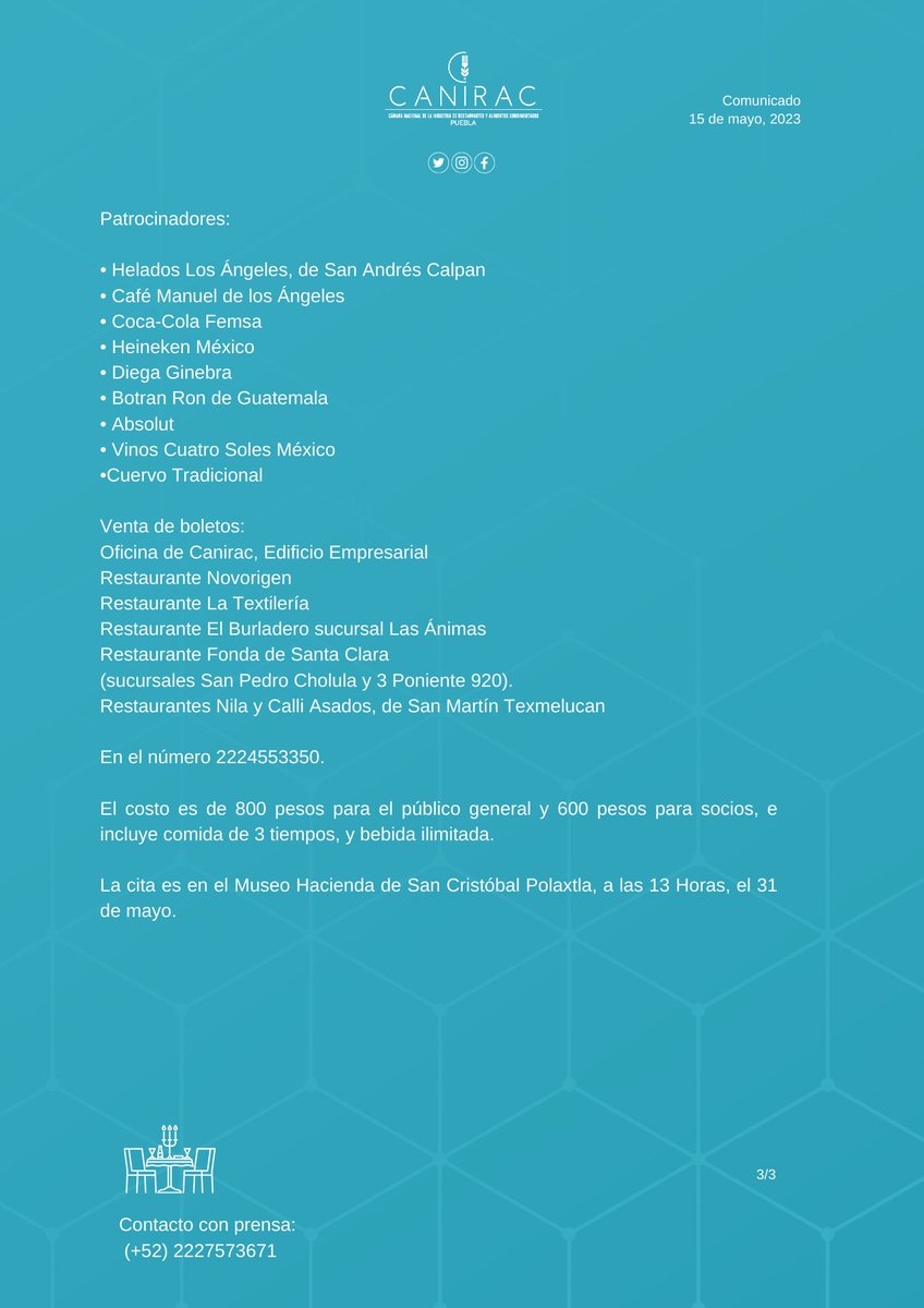 La Comida del #MolePoblano 2023 será el 31 de mayo a las 13:00 Horas en la Hacienda San Cristóbal Polaxtla, en #Texmelucan 😊

Venta de boletos: 2224553350
📱🍽

👉 Mole de 19 restaurantes
👉Networking
👉Venta de café
👉Venta de artesanías

¿Vas a ir? 🥰

📷: @FotoEnfoque