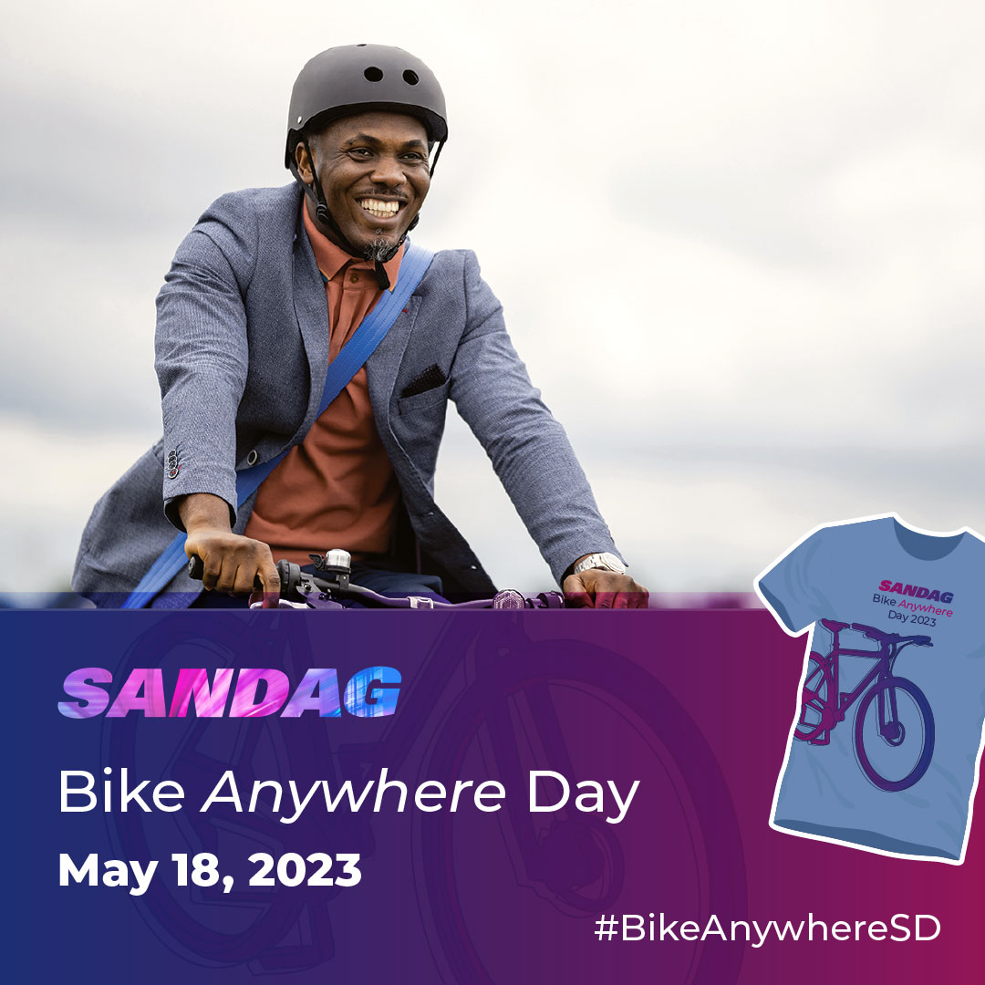 Gear up and get ready to pedal your way to work, school, or anywhere on @SANDAG Bike Anywhere Day, formerly Bike to Work Day, happening on May 18! 🚴‍♂️🚴‍♀️🛴 Grab your regional bike map, safety gear, & get ready to ride! #BikeAnywhereSD Learn more: SANDAG.org/BikeMonth