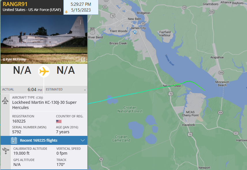 FlconEYES's tweet photo. Lockheed Martin KC-130J Hercules
#USMarineCorps 169225 | AE5B67 | Call: #RANGR91
Departed from #MCASCherryPoint (https://t.co/NTyBgQVjc2)
#PlaneAlert #AvGeek #ADSB #Aviation #OSINT #15May https://t.co/VeJ7iLfFK7