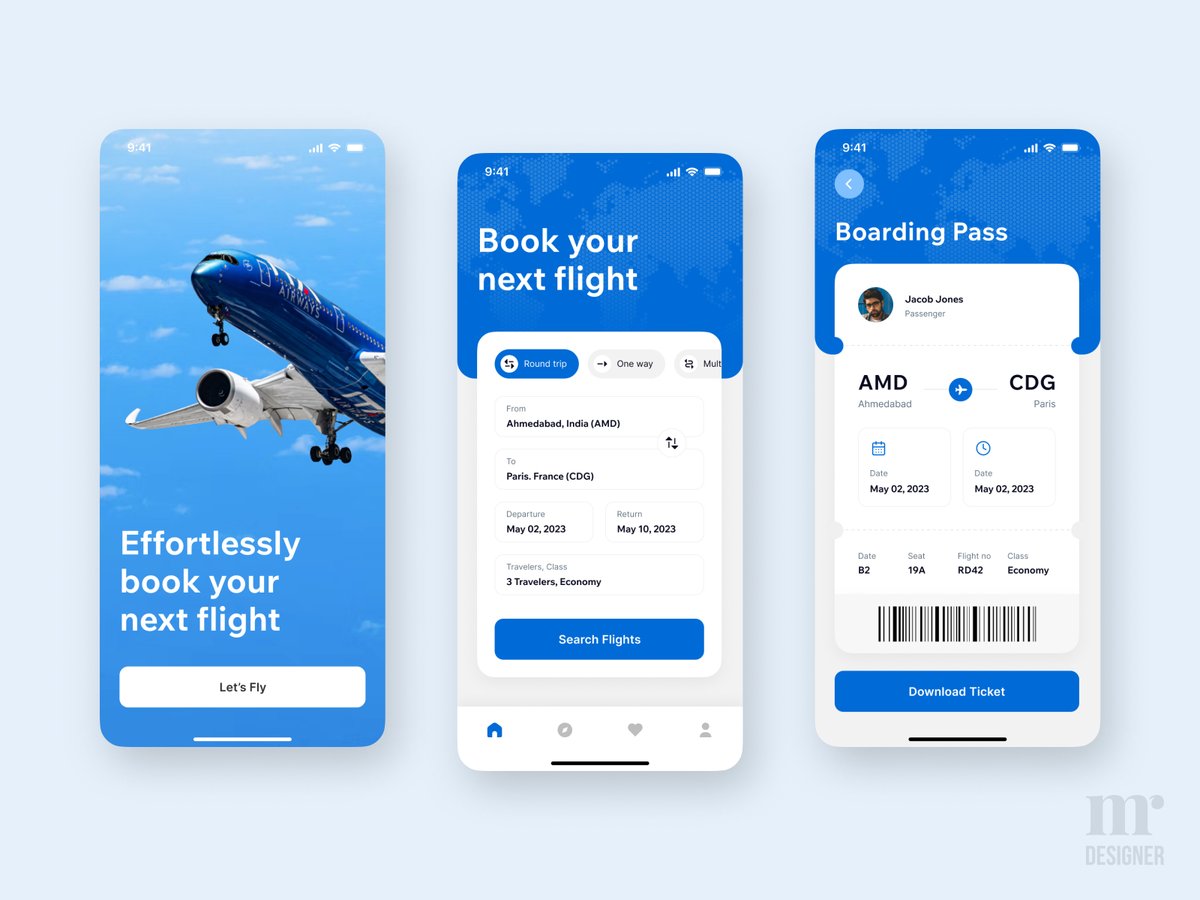 Premsoni4795's tweet photo. Ready for takeoff! 🛫🌎👀 Check out my latest Dribbble shot featuring a flight booking app. With just a few taps, you can easily search for flights, book your trip, and see your boarding pass digitally. 

https://t.co/TOjD3sApDN

https://t.co/oySQUUqoB4

#dailyui #BoardingPass https://t.co/OTksUdCDJK