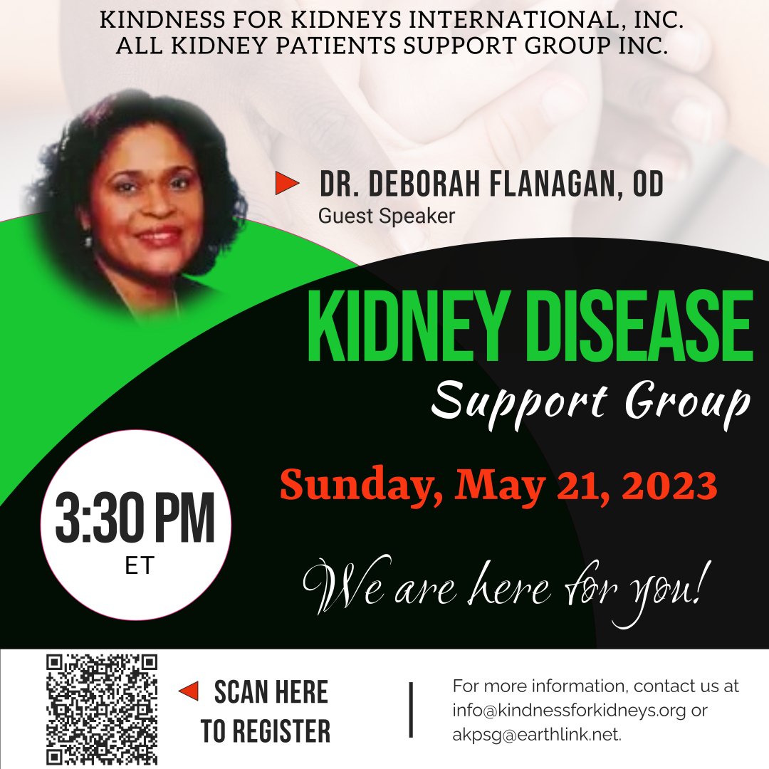 We are super excited to partner with All Kidney Patients Support Group. Come out as we welcome optometrist, Dr. Deborah Flanagan on Sunday, May 21 at 3:30 p.m. ET. She will be sharing ways to maintain good eye health as kidney warriors. Register here: 
us02web.zoom.us/j/83540379582?…