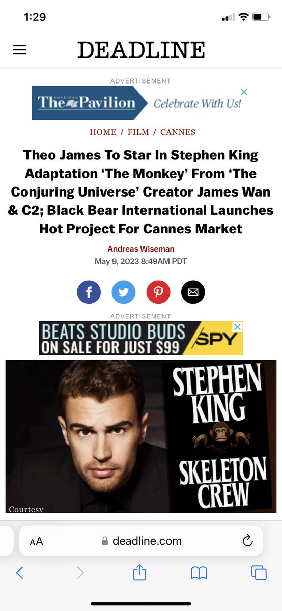 StarsCLTV's tweet image. Thrilled to announce our upcoming project, &quot;The Monkey,&quot; a feature film adaptation of a Stephen King short story. Developed with Atomic Monster and Stars Collective. Starring Theo James. Can&apos;t wait for the big screen! 
#starscollective#horrormovies#jameswan#stephenking#TheoJames