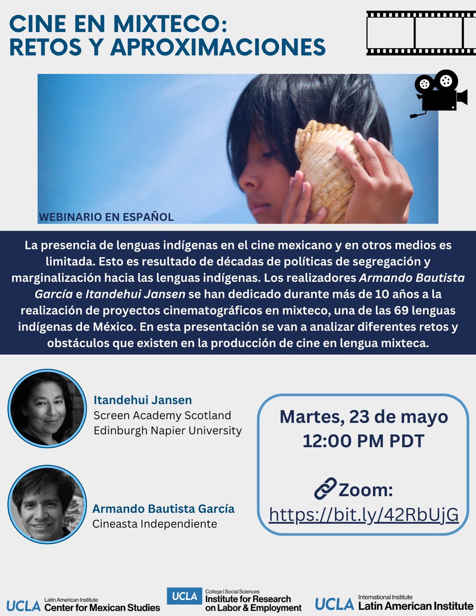 Join us Tuesday May 23d 
Conversation on #Filmmaking in #Mixtec
#Indigenous #Cinema #Mexico #Tuunsavi
<a href="/YasnayaEG/">Yasnaya Elena</a> <a href="/Omar_AS_Isu/">Omar Aguilar Sánchez</a> <a href="/imcine/">IMCINE</a> <a href="/SLASLatAm/">SLAS Society for Latin American Studies</a> <a href="/imagineNATIVE/">imagineNATIVE</a> <a href="/joaquineku/">Joaquin J. Martínez</a> <a href="/JustynaOlko/">Justyna Olko 🇪🇺🇺🇦</a> <a href="/_CLACSO/">CLACSO</a> <a href="/MonicaMorenoFig/">Dr. Monica Moreno Fig...</a> <a href="/UNAM_UK/">UNAM UK</a> <a href="/lagremia_mx/">LA GREMIA</a> <a href="/lunamaran/">Luna Marán</a> @ACPA_leiden