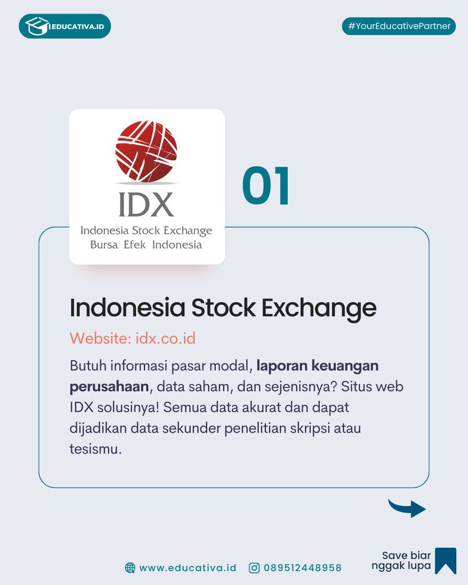 EducativaId's tweet photo. Mahasiswa wajib tau!โ
5 web rekomendasi untuk cari data skripsi๐ป
(Part 1)
#mahasiswa #tipsmahasiswa #tipsskripsi #jasaresponden #jasakuesioner #jasacaridata #jasadata #jasaskripsi #jasatesis #jasadisertasi #jasatugasakhir #jasakuesioner #tabulasidata #dataprimer #datasekunder https://t.co/S2gjGpooGT