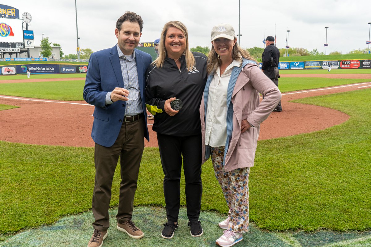 OMAStormChasers's tweet photo. Our very own @OmahaPrez was recognized on-field today during today's @nsaahome games at Werner Perk along with Storm Chasers alum @astava44 with 2023 Outstanding Service Awards in recognition of their service and contributions to the NSAA.

#ChasersFamily https://t.co/yrzjXHOvw9
