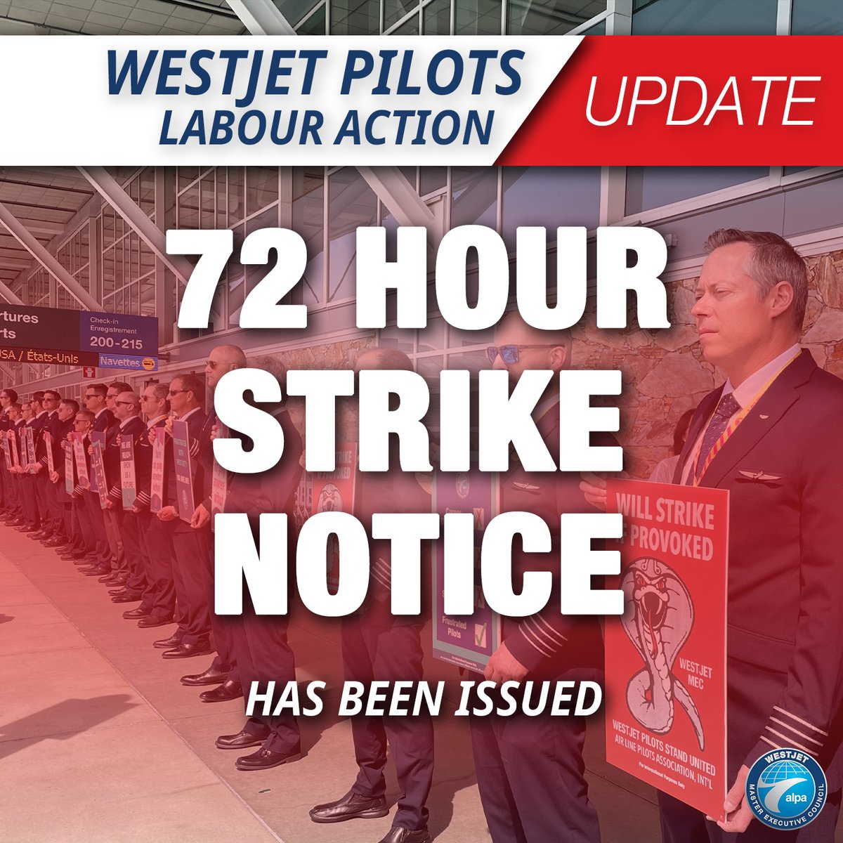 Today the WestJet Pilots MEC issued a 72 hours strike notice. If no progress is made, we could withdraw our services at 0300 MT May 19th, 2023. Our negotiating committee remains available 24/7 to reach a deal.

#showusafuture  #weareready #willstrikeifprovoked #countdown