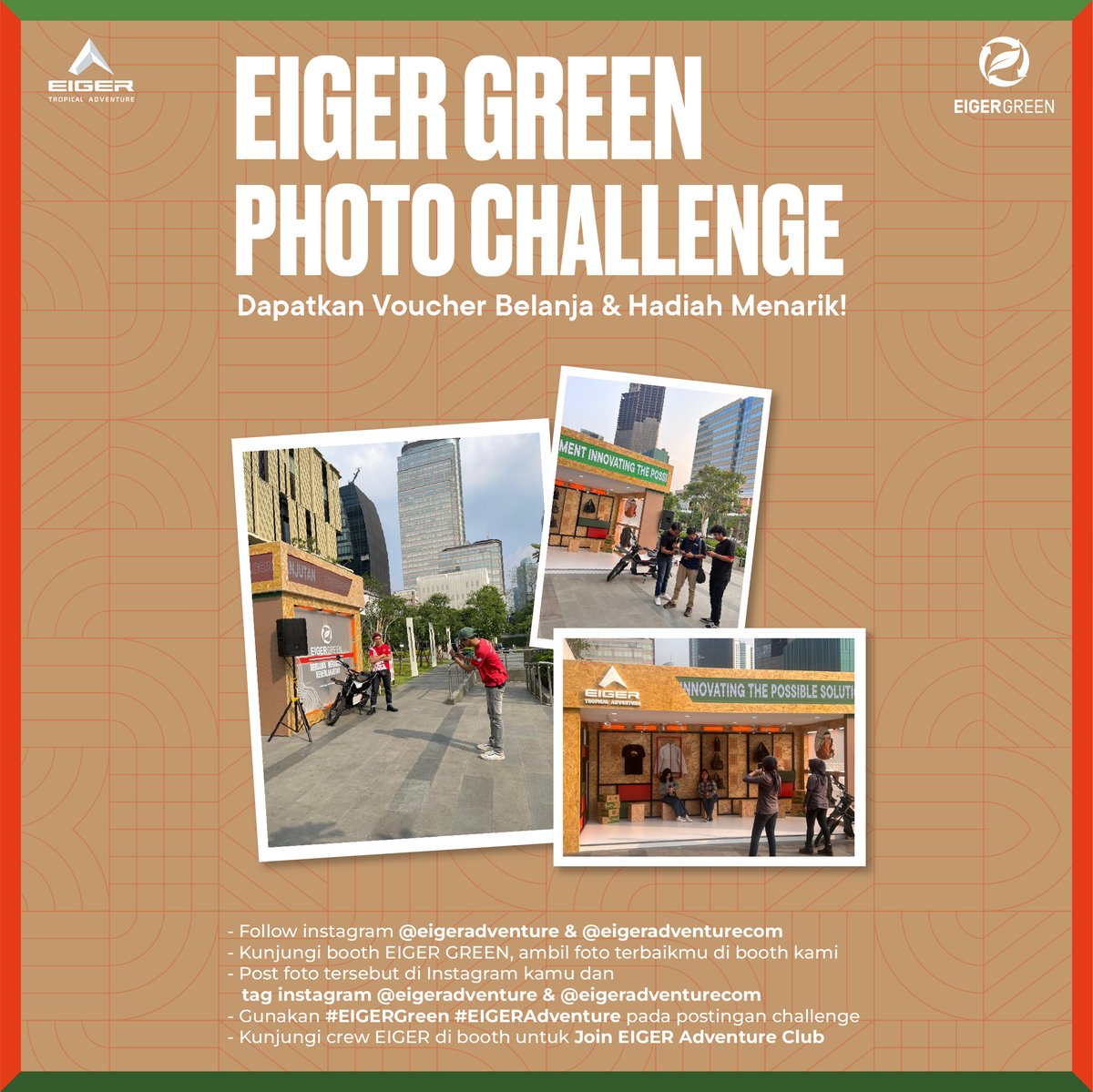 eigeradventure's tweet photo. Ayo Eigerian, dateng ke boothnya EIGER Green dari gedung sarinah, pintu masuk barat.

Lalu ikutan Photo Challenge untuk dapetin Voucher Belanja dan hadiah menarik!

#EIGERGreen https://t.co/DFxXThsQVb