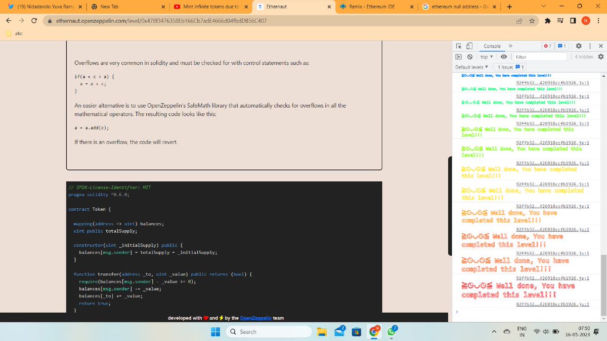 YuvaramyaSri's tweet photo. Day11 of #30DaysofSolidityLW3 Challenge
@LearnWeb3DAO

Ethernaut Token Challenge : 
✅ Where I have Learnt about the overflow in Solidity
✅ How it can be overcome using Openzepplin 
         SafeMath library. https://t.co/69PeuCqW4w