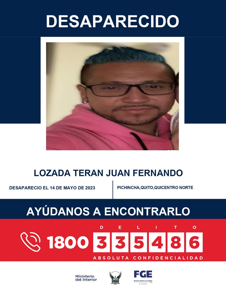 AsfadecEc's tweet photo. #ALERTA #DesaparecidosEcuador
🛑 Juan Fernando Lozada de 37 años y Juan Camilo Lozada Dueñas de 1 año fueron vistos por última vez el domingo 14 de mayo de 2023, por el sector del Quicentro Norte en Quito.
Si crees haberlos visto comunícate a: 0992872742 (Asfadec)O al ECU 911. https://t.co/pDtl8XHpuv