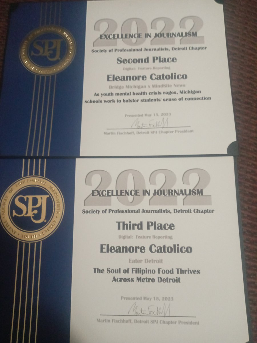 just got home. won second and third place in feature reporting (digital). neat! #SPJDetroit