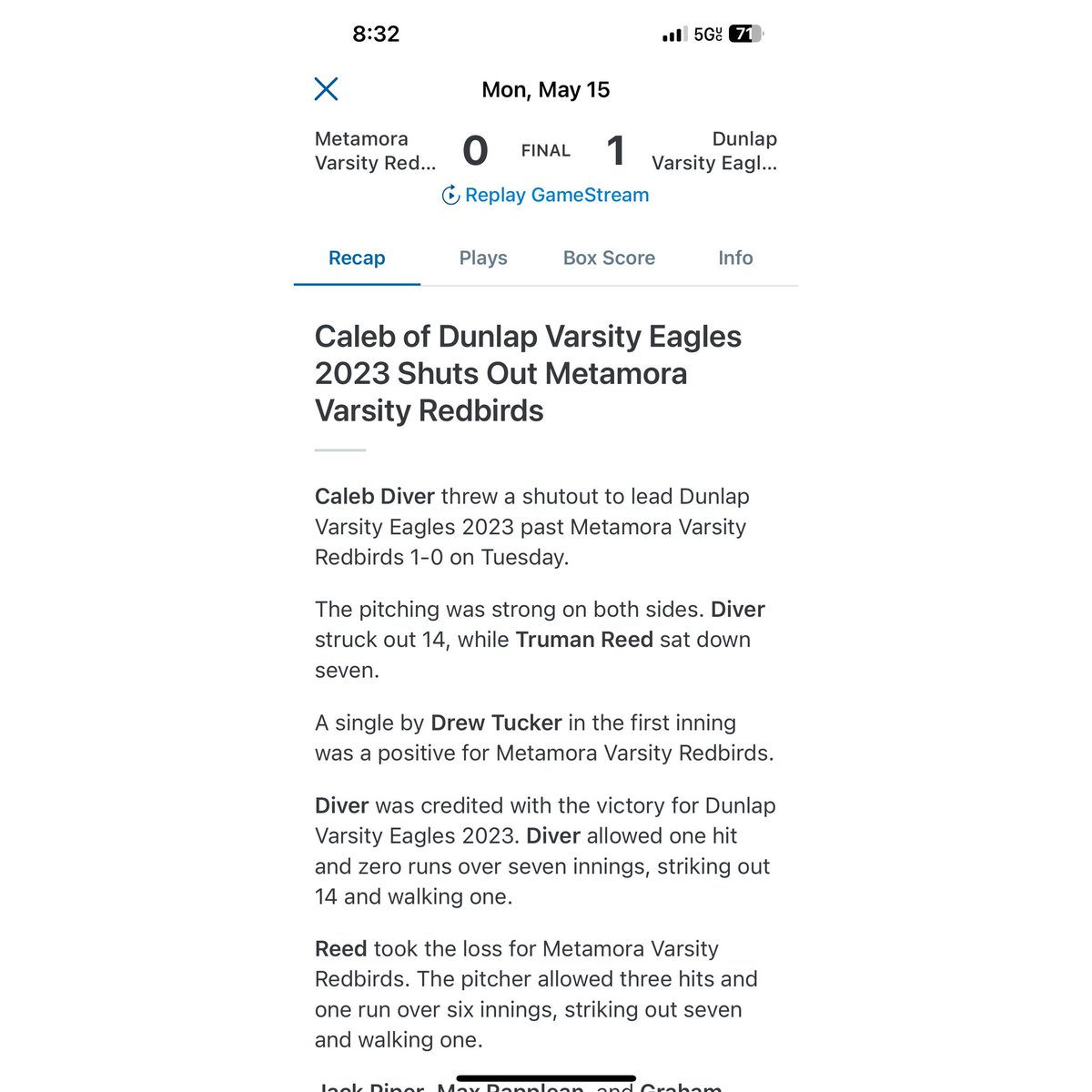 <a href="/Calebdiver12/">Caleb</a> was Amazing again on the mound tonight!! Threw a complete game shut out with 14 strikeouts!! Way to go KK. Won 1-0 against Metamora! Keep working hard ⚾️ <a href="/EagleBaseb_DHS/">DHS Baseball</a> <a href="/ICC_CougarBsbll/">ICC Cougars Baseball</a> <a href="/hoijim/">Jim Mattson</a> <a href="/KurtPegler/">Kurt Pegler</a>