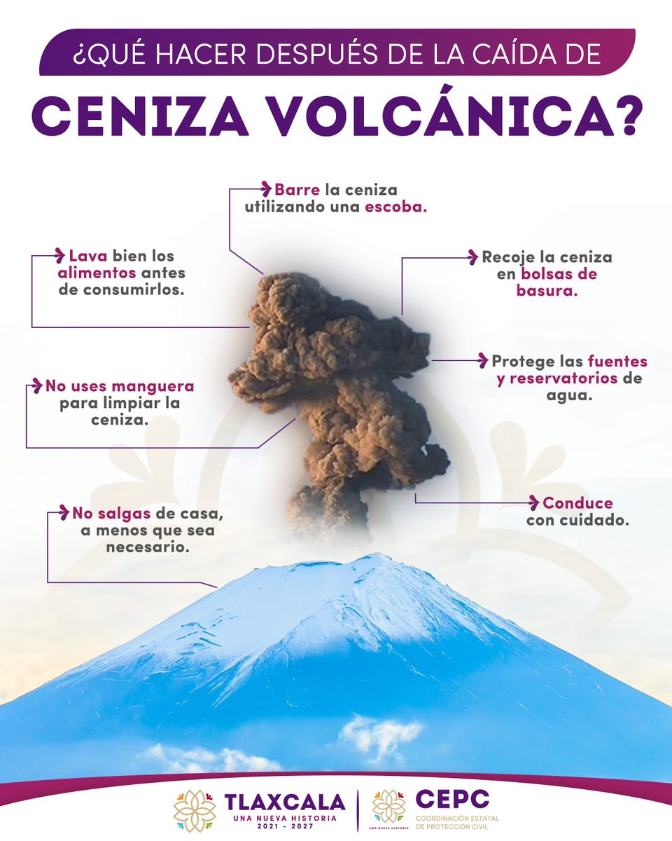 UPTxOficial's tweet photo. La ceniza volcánica tiene efectos nocivos para la salud, por ello la  @CEPC_TLAXCALA 
recomienda:
•  Cubre tu nariz y boca con pañuelo o cubrebocas.

•  Utiliza lentes de armazón y evita los de contacto.

¡Recuerda! Es recomendable extremar precauciones. 
#UnaNuevaHistoria https://t.co/d9DG0FoUi6