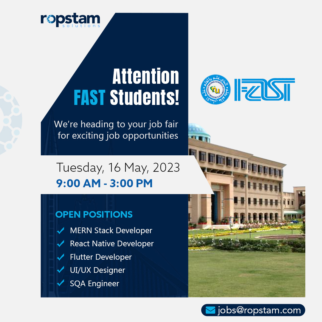 Ropstam's tweet photo. We are pleased to announce that we will attend the job fair of Fast University Islamabad Today!

Get ready &amp; Don't forget to stop by our booth, as we are eager to meet you 🫵

#Ropstam #Jobfair #Fastuniversity #jobhiring  #Islamabad https://t.co/6deNo5M7Oy