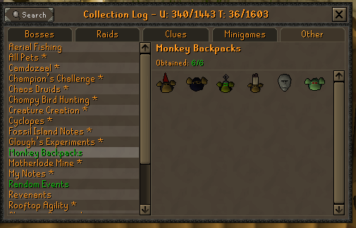 RonovoR's tweet image. Finally, I never have to run another lap on the Ape Atoll course. Got the green slot for Monkey Backpacks. Still going to wear the Kruk Jr one though. Looks too badass. #osrs #collectionlog