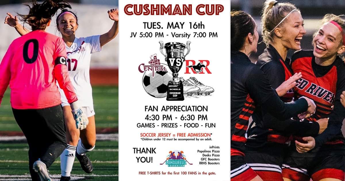 Tuesday, May16th The Cushman Cup! RRHS Girls Soccer vs GFC Girls Soccer! Plenty of Fun, Games, Prizes, Great Family Fun! Come on out to Cushman Field and Enjoy! 👏❤️⚽️ #Soccer #GoFightWin <a href="/gfcgsoccer/">GFC Girls Soccer</a> <a href="/girlsrrhssoccer/">Red River Girls Soccer</a> <a href="/GFC_Activities/">GFC Activities</a> <a href="/RRHSactivities/">Red River High School Activities</a>