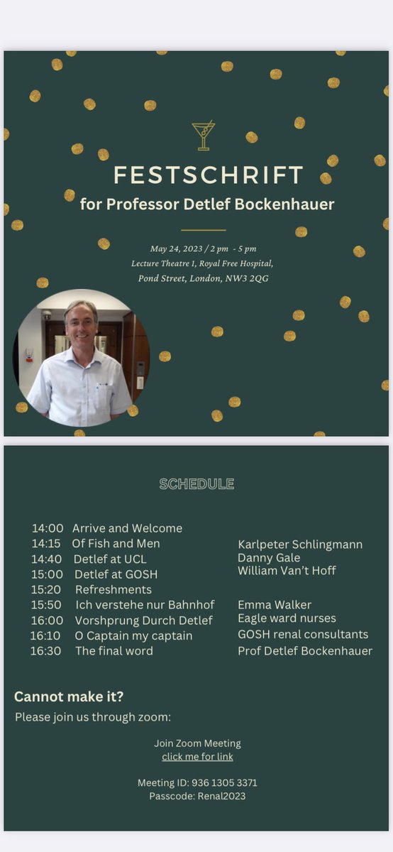 We are so sorry to see our wonderful colleague Detlef Bockenhauer leave @GoshRenal and @RenalUCL. We will miss him and all his academic and clinical endeavours in London (another loss to Europe) but have a send off in style planned on 24 May 2023 from 2pm