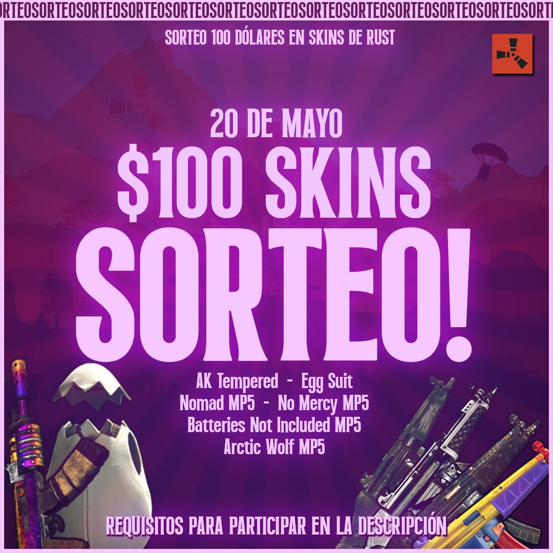 🚨SORTEO 100 DÓLARES EN SKINS🚨

Fecha: 20/5

Requisitos:
-Seguirme en twitter
-Dar RT 
-Etiquetar a un amigo

Al completarlos estarás participando por estas skins:

Ak Tempered
Egg suit
MP5Arctic Wolf 
MP5Batteries Not Included

en instagram estaré sorteando las demás skins