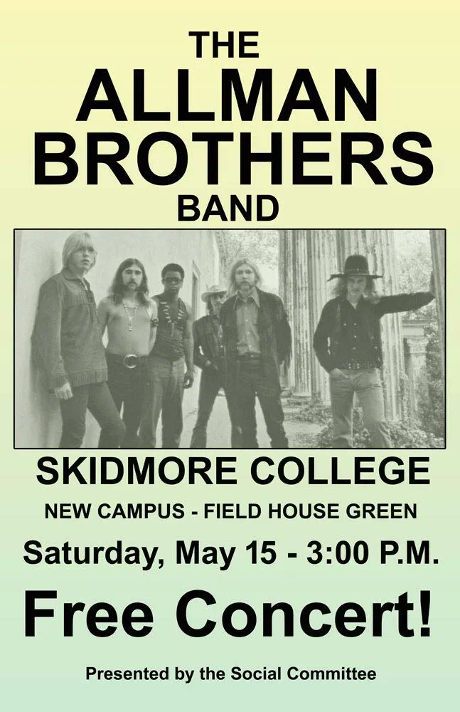 On May 15th 1971, The Allman Brothers Band performed at Skidmore College in Saratoga Springs, New York.
#AllmanBrothersBand #Concert #History