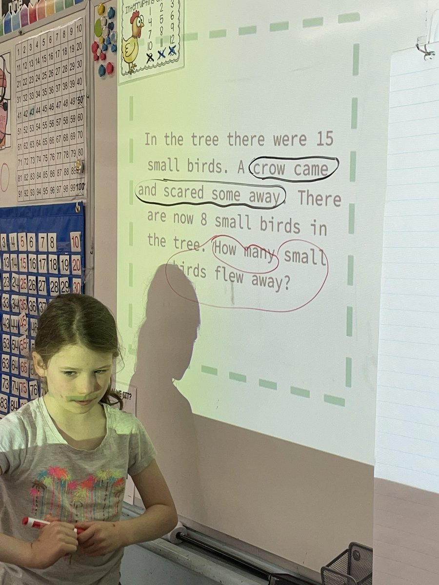 mrsbowesteaches's tweet photo. We worked on matching number sentences to story problems. Students wrote the correct number sentence and then we worked as a group to identify key words that helped us solve the problem. #mathwarmup #addition #subtraction #numbersentence #wordproblem https://t.co/dZXsMMHS53