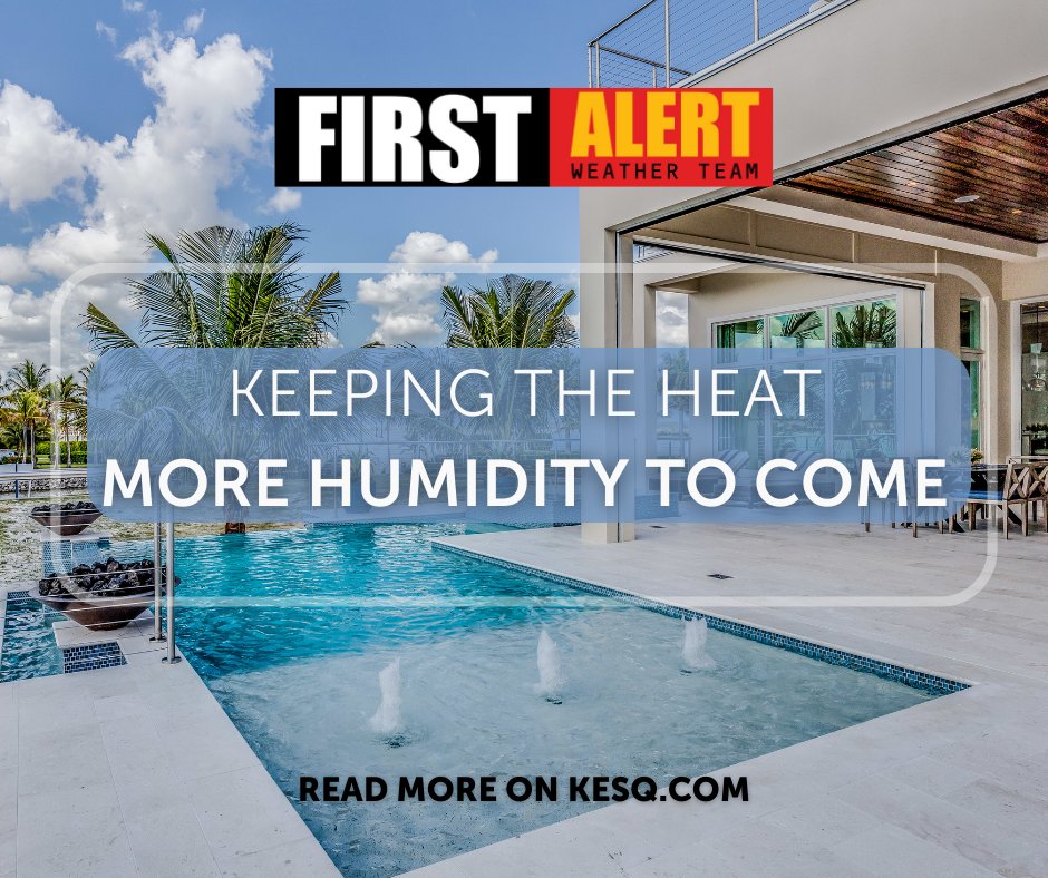 KESQ's tweet photo. The heat continues to be felt as we leave the weekend in the rearview. High temperatures will remain above the weekly average (93-96°) into next weekend, but an increase in humidity will leave us with something new to discuss on #KESQ! https://t.co/wGSC8vyCj6 https://t.co/mJUWBa0Zl2