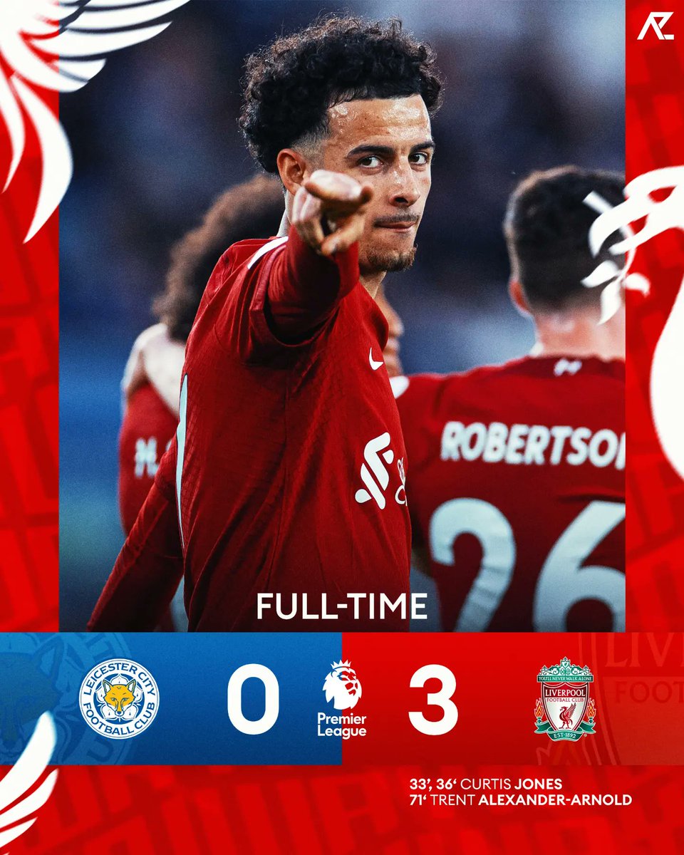 anfield_zone_'s tweet photo. 𝗦𝗖𝗢𝗨𝗦𝗘𝗥𝗦 𝗧𝗔𝗞𝗘 𝗢𝗩𝗘𝗥 𝗟𝗘𝗜𝗖𝗘𝗦𝗧𝗘𝗥

Liverpool make it 7 wins a row and unbeaten in 9. With the Scouse duo Trent Alexander-Arnold getting 1 and Curtis Jones getting a brace on the night. Liverpool move just 1 point within Manchester United and Newcastle United. https://t.co/L0VNcHN89Q