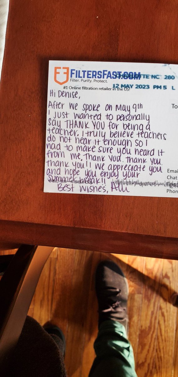 After a phone call on my school prep to Filtersfast, getting house filters, I received this post card. I apologized to customer service  for rushing her on the phone because I had to pick up my class from gym. She was so helpful! Filtersfast if you read this, give her a raise!