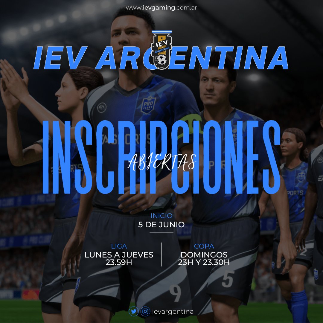 📣 TEMPORADA 11 IEV🇦🇷🔥📣

📅 INICIO: LUNES 5 DE JUNIO.

📆¿Que días se juega?
LIGA
Lunes a Jueves 23:59HS ➡️ 1partido._
COPA
Domingos 23:00HS /23:30HS ➡️ 2partidos.

*nscripción:💲3.500

PREMIOS PRIMERA💰
Campeón 1era 💲50.000
Sub Campeón💲15.000
Liguilla💲5.000

MAS INFO AL MD