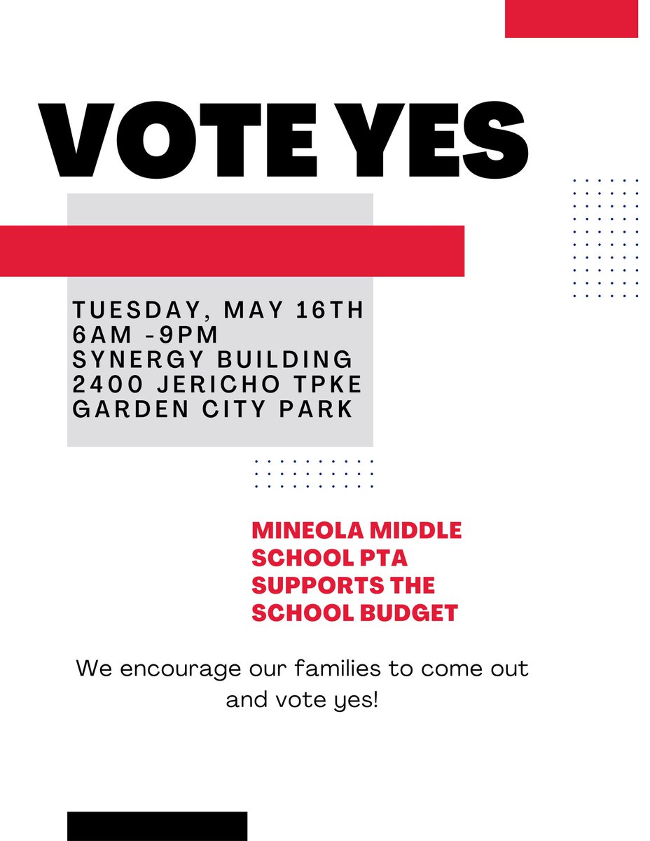 MineolaMS_PTA's tweet photo. VOTE YES tomorrow to pass the Mineola School’s budget! https://t.co/tGfMHmFZdu