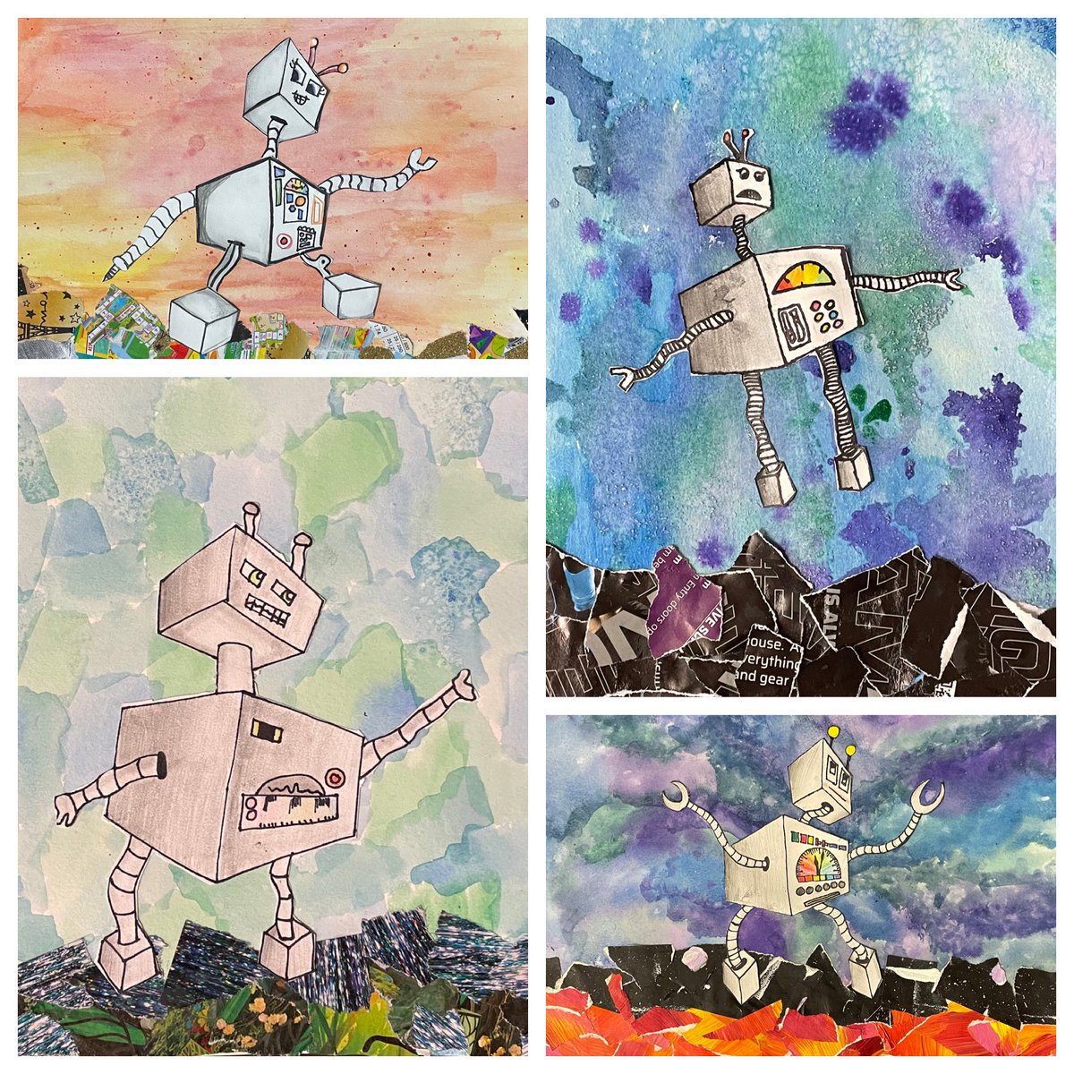 The_MrsRainey's tweet photo. These 2-point Perspective Robots are OUT OF THIS WORLD! πͺπ€π« Way to go, Viking Artists!! π¨π
.
#MiddleSchoolArt #2pointperspective #watercolorbackground #collage #mixedmediaart #fisdfineartsleads @friscofinearts @VandeventerMS https://t.co/QT1i3G0H0t
