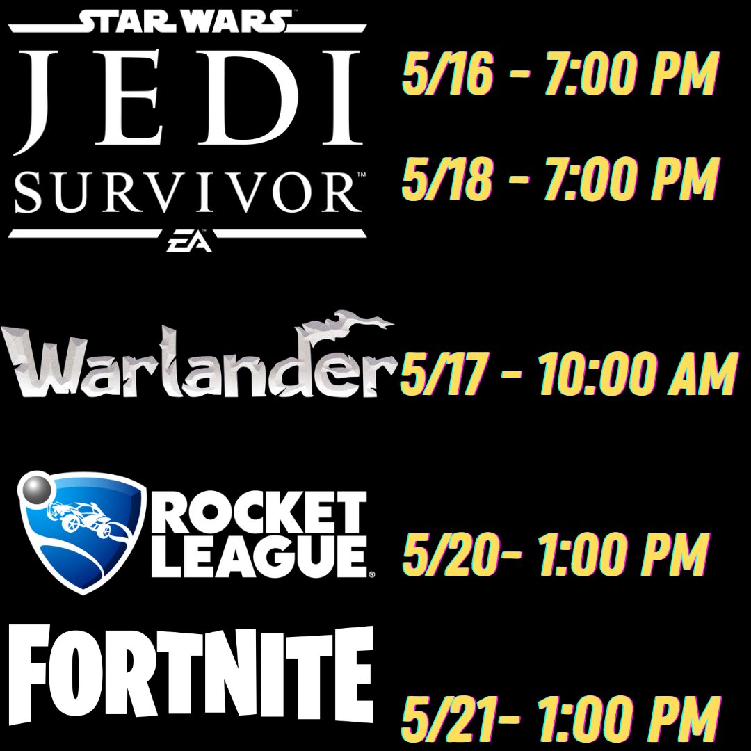 There's a lot going on this week. #JediSurvivor #Warlander #rocketleague #Fortnite will all be #livestreaming on my #youtubechannel this week. Hope to see you there! youtube.com/channel/UCx4pd…