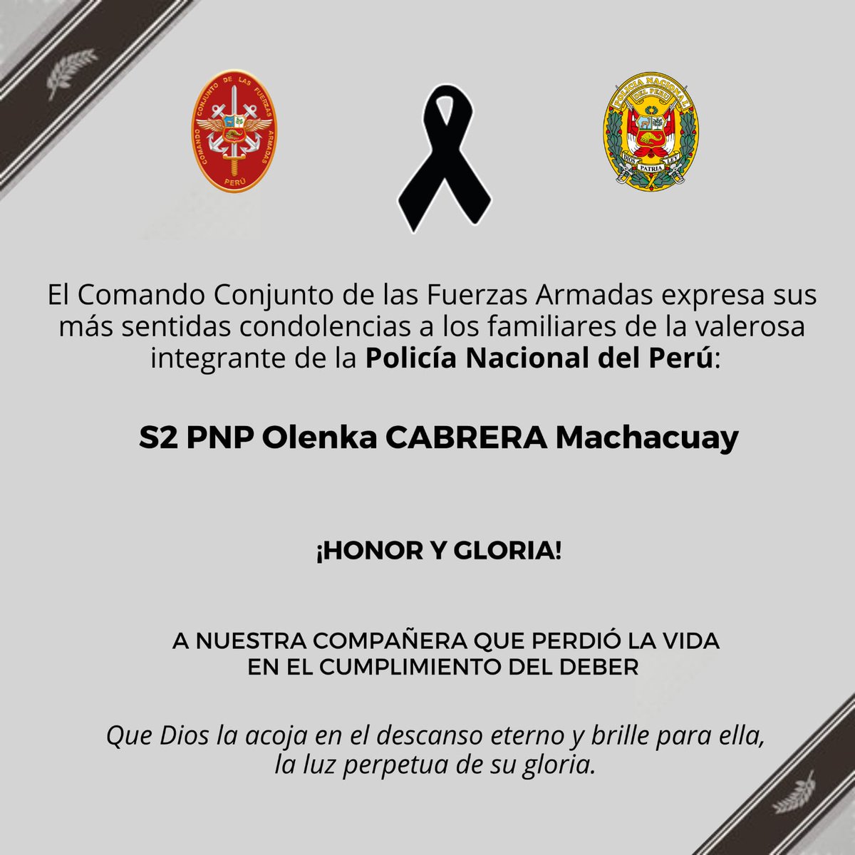 🕊️ #Obituario | El Comando Conjunto de las Fuerzas Armadas del Perú lamenta el sensible fallecimiento de la S2 PNP Olenka Cabrera Machacuay, quien perdió la vida en cumplimiento del deber.
Que Dios la acoja con bondad en su reino.