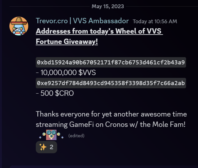 Thank you everyone for supporting the Live Streams! 🙏

Winners from the Wheel of VVS Fortune have been crowned & crypto funds have been sent via @VVS_Finance ⛏️

See you next month again for yet another Giveaway 🔥