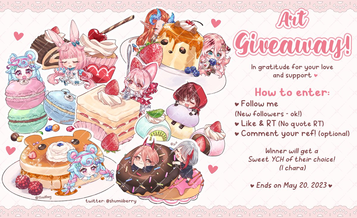꒰🍰꒱ ˗ˏˋ Art GIVEAWAY ˎˊ˗ ꒰🍡꒱
                ︶︶︶︶︶︶︶︶
In gratitude for your love and support I decided to giveaway a slot for a sweet ych! 💕 (´▽`ʃ♡ƪ)

🥞To enter: 
・Follow me (New followers - ok!)
・Like &amp; RT (No quote RT)
・Comment your ref! (optional)

🍓 Ends
