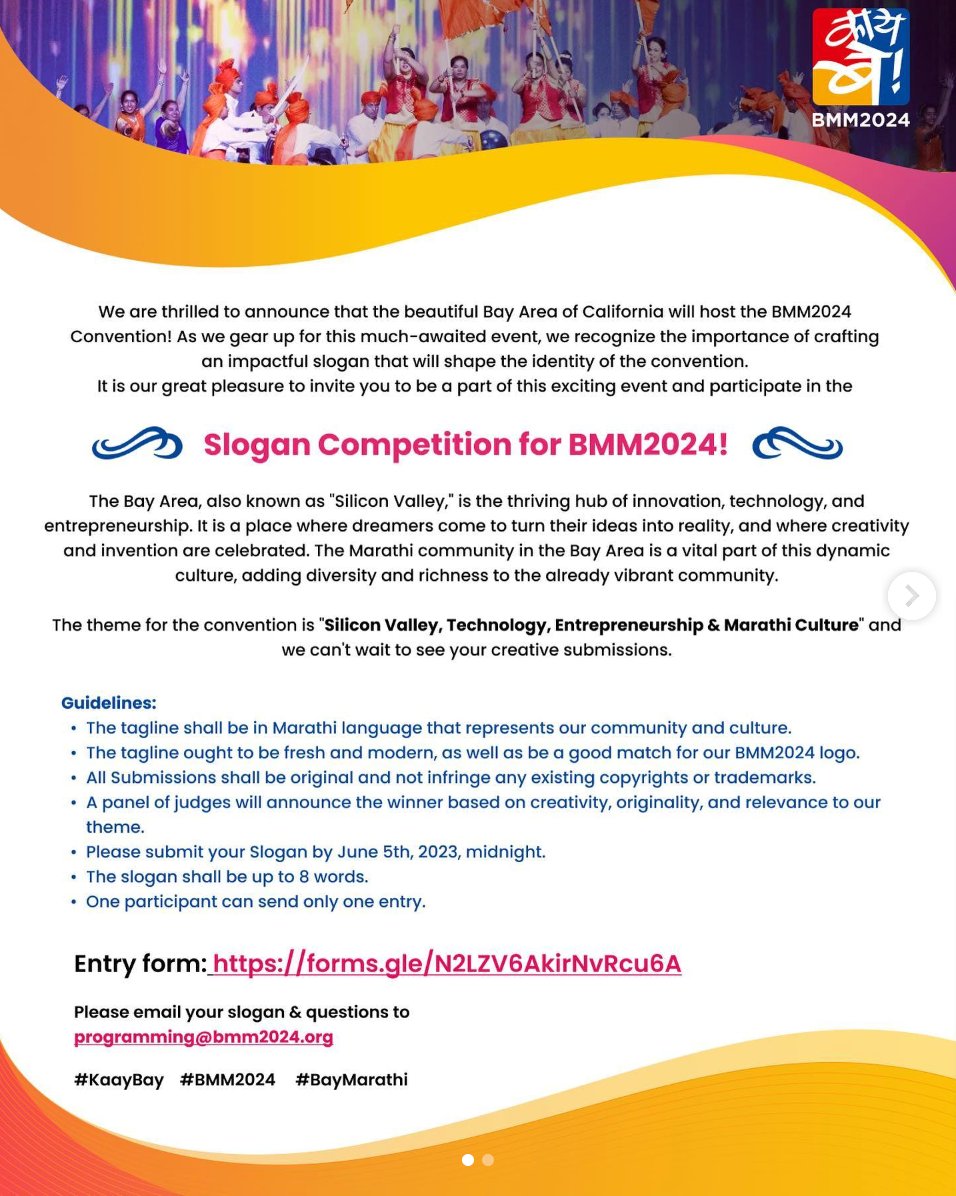 bmm2024's tweet photo. Exciting news, we are hosting our slogan competition! 

Join us in crafting the identity of the much-awaited event by submitting your creative entries that complement our logo. 

Form Link https://t.co/9ipCA7skcP &amp; email programming@bmm2024.org

#КаауВау #BMM2024 #BayMarathi https://t.co/IIgnuQ25E3
