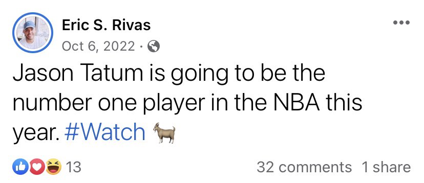 Ericsrivas's tweet photo. People look into what’s been established versus what’s next and Tatum is up next! I called it before the season started and people called me next. Well… who’s crazy now?! Tatum for #MVP #BleedGreen #BostonCeltics #Espn #NBA https://t.co/QlWT6wHKKM