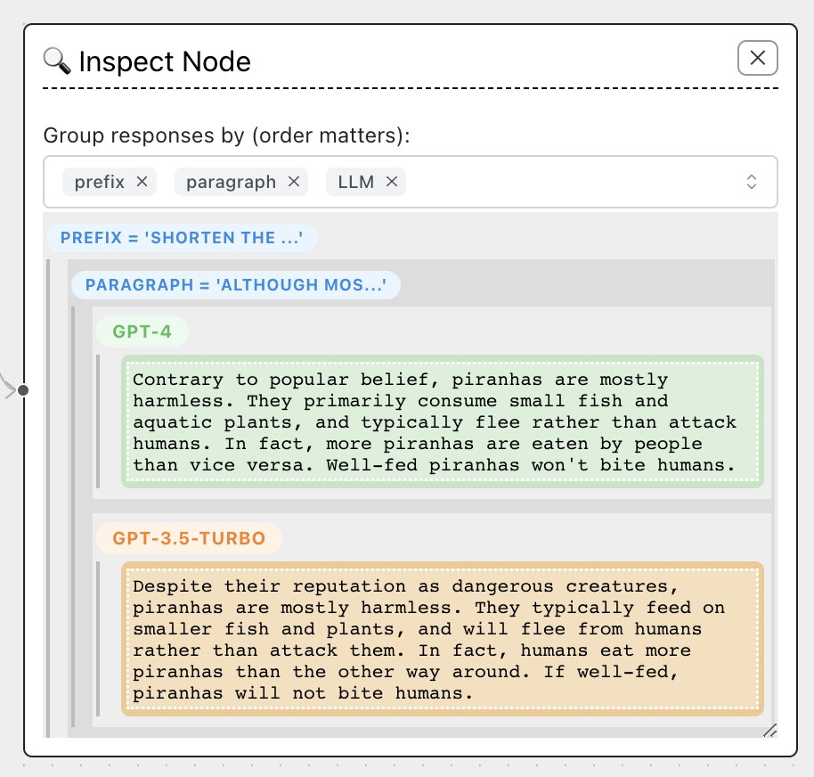 IanArawjo's tweet image. Users can now hierarchically group responses by prompt parameters and models in Inspect widgets. You can, for instance, compare model responses side-by-side for the same prompt (still not sold on the graphic design, but more pressing things to get to): #chainforge