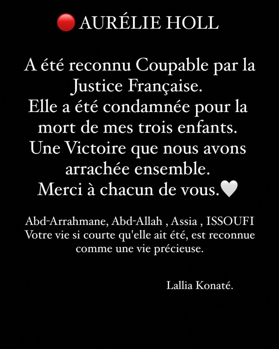 JusticeLallia's tweet photo. #justiceLallia 
3 ans de sursis, mais c'est tout de même une condamnation, la première Victoire en 5 ans.

La Justice Française reconnaît Aurelie Holl COUPABLE de la mort de mes 3 enfants Abd-Arrahmane, Abd-Allah et Assia ISSOUFI.

Et la bataille n'est pas terminée https://t.co/tQGpRhiiB7