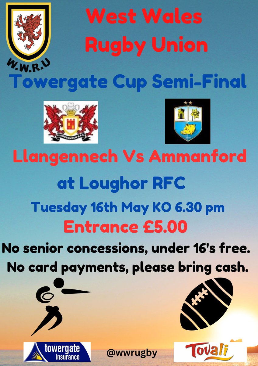 West Wales Rugby Union (@wwrugby) on Twitter photo <a href="/wwrugby/">West Wales Rugby Union</a> Cup semi-Final Tuesday 16th in <a href="/LoughorRFC/">Loughor RFC</a> Ko 6.30 pm
<a href="/RFCLlangennech/">Llangennech RFC</a> Vs <a href="/Ammanford_Rugby/">Ammanford RFC - Clwb Rygbi Rhydaman #glasadu</a> <a href="/AllWalesSport/">All Wales Sport</a> <a href="/WRU_Community/">WRU Community - Wrth galon y genedl</a> <a href="/alfiepics/">Alfiepics</a> <a href="/wwrugby/">West Wales Rugby Union</a> Cup semi-Final Tuesday 16th in <a href="/LoughorRFC/">Loughor RFC</a> Ko 6.30 pm
<a href="/RFCLlangennech/">Llangennech RFC</a> Vs <a href="/Ammanford_Rugby/">Ammanford RFC - Clwb Rygbi Rhydaman #glasadu</a> <a href="/AllWalesSport/">All Wales Sport</a> <a href="/WRU_Community/">WRU Community - Wrth galon y genedl</a> <a href="/alfiepics/">Alfiepics</a>