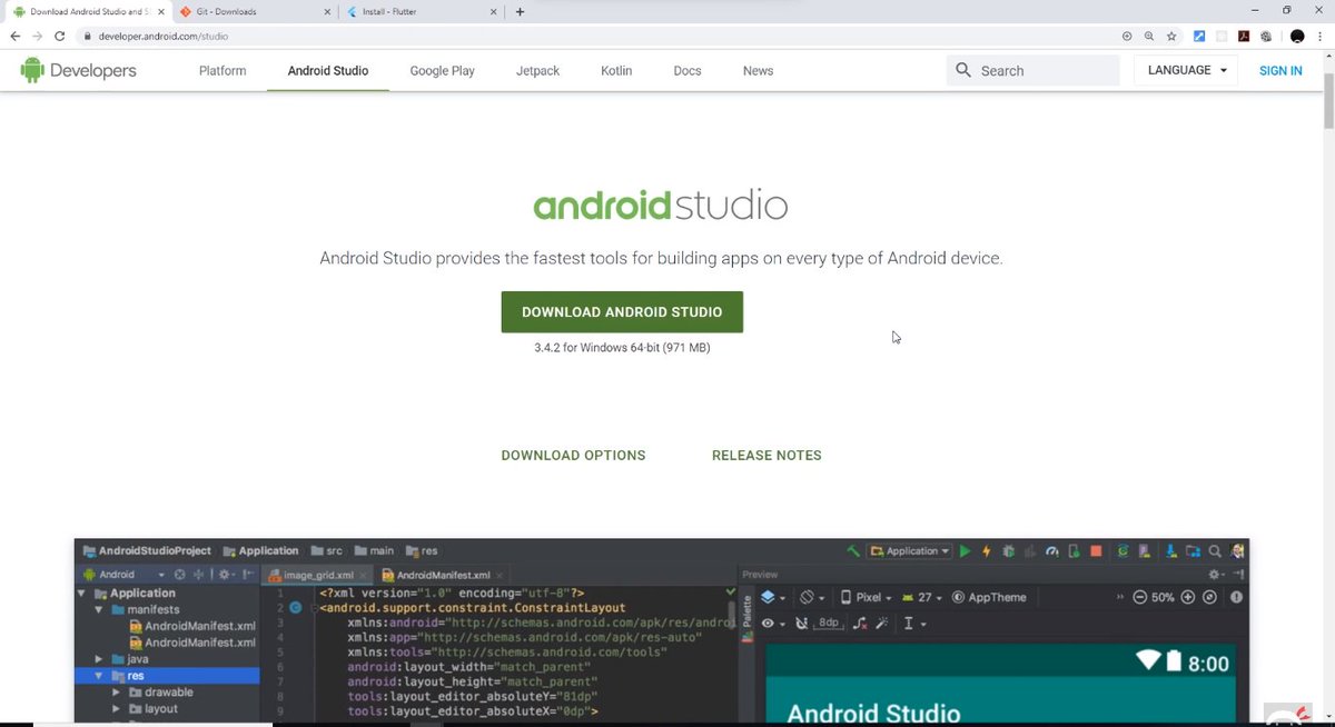 Day 1 of #100DaysOfCode  with #flutter 
today I we learn how to setup the flutter environment.
you can use #androidstudio or #vscode 
developer.android.com/studioGit