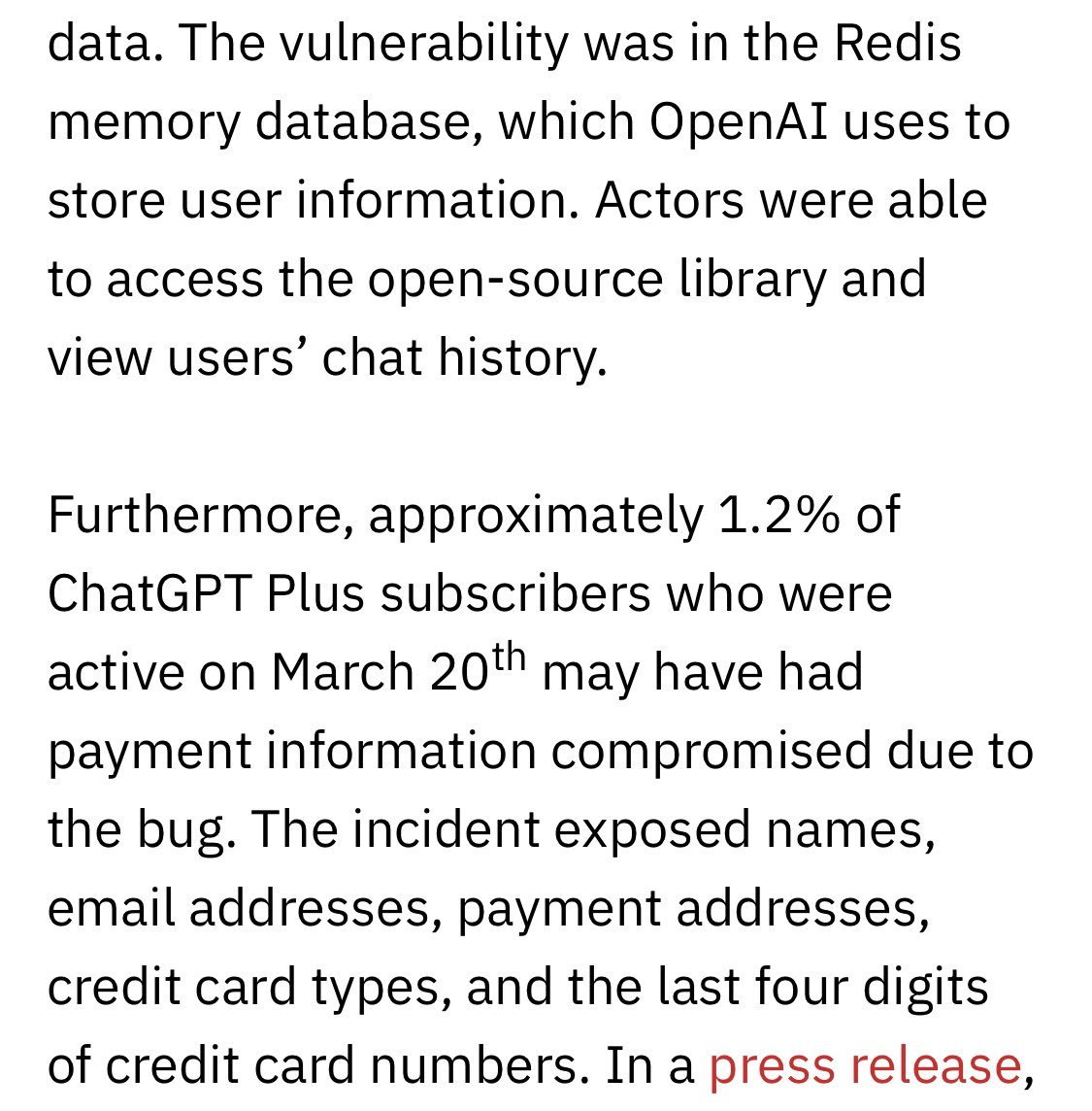 kdpsinghlab's tweet photo. In a press release, OpenAI announced that “ChatGPT can now correctly generate credit card numbers, greatly reducing the number of hallucinated numbers as compared to prior versions.” https://t.co/xuMDwkcy4I