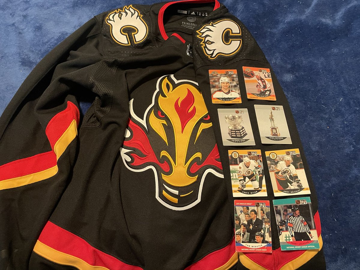 ShadowEuphoria's tweet photo. Got the only good Flames sweater and some vintage (are the ‘90s vintage now?!?) hockey cards for my partner. Thanks @HKYJersey! I may start watching a Canadian team that isn’t Winnipeg now! https://t.co/uXkzSY9wyl